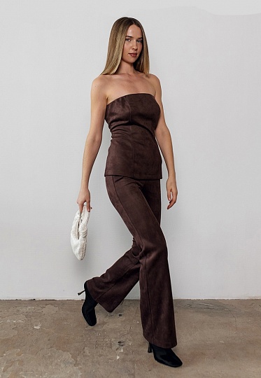 Suede flair pants in chocolate color 254-05-011, фото 1 