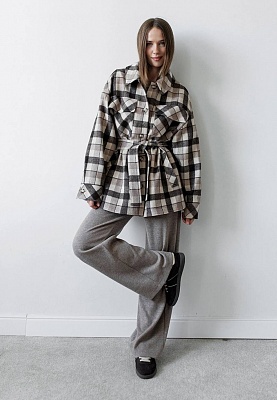 Chocolate-beige plaid shirt-coat 253-01-006, фото 2