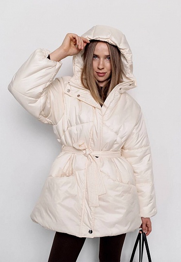 Belted winter jacket in milky color 254-02-004, фото 2 