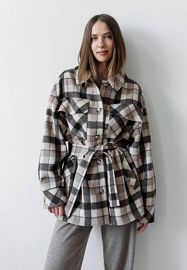 Chocolate-beige plaid shirt-coat 253-01-006, фото 1 