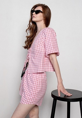 Week women's pink Vichy plaid ties blouse 242-08-032, фото 2