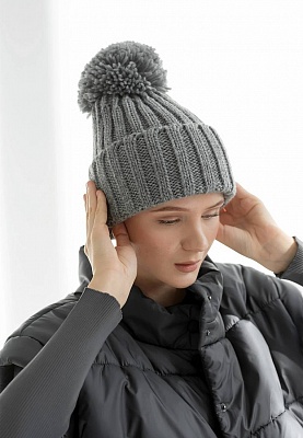 Gray pom-pom beanie 244-24-489, фото 2 