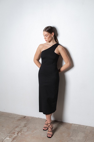 Week women's black decorative slit-strapped one-shoulder dress 234F-06-005, фото 2 