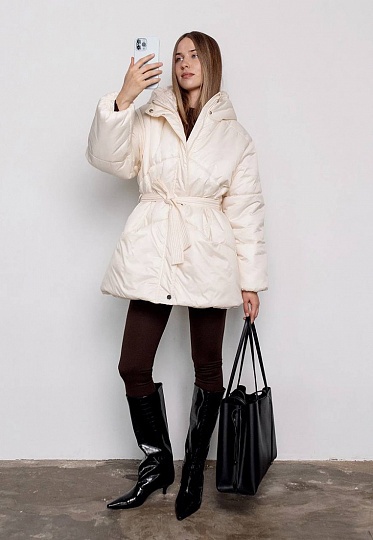 Belted winter jacket in milky color 254-02-004, фото 1 