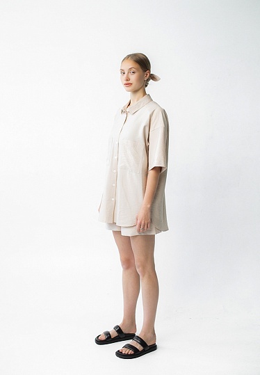 Week women's beige linen short sleeve shirt 242-08-013-1, фото 2 
