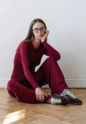 Burgundy thin knit elated pants 253-05-008-2, фото 1