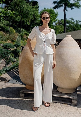 Linen wide pants in milky color 252-05-011-1, фото 2 