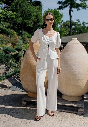 Linen wide pants in milky color 252-05-011-1, фото 2 