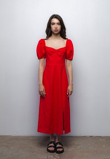 Week women's red linen chest gathered dress 242-06-011, фото 2 